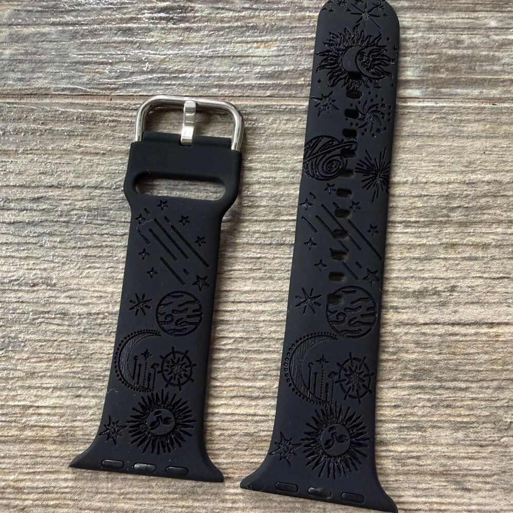 Apple Watch black floral sun band adjustable silver hardware 42 44 45 46 49 mm